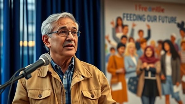 Feeding Our Future fraud: speaker, woman in hijab, mural.