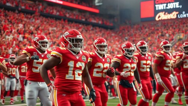 Kansas City Chiefs players on road trip preparing for game in vibrant stadium.