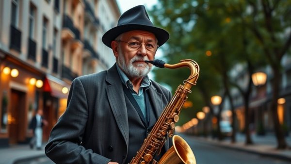 KC musicians shaping the city’s sound: Elderly man with saxophone on urban street.