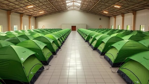 Kansas City local living: indoor shelter with tents, community refuge.