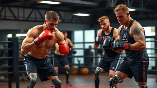 Athletes with prosthetic legs engaging in adaptive sports training.