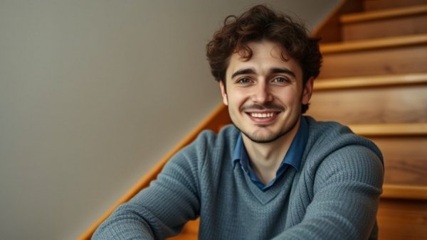Casual man seated on stairs in warm lighting, Kansas City local businesses.