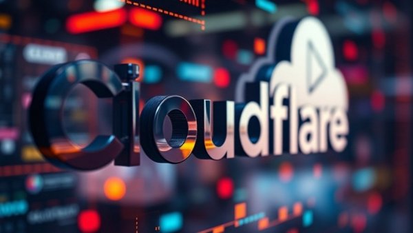 Close-up of Cloudflare signage with abstract tech reflections.