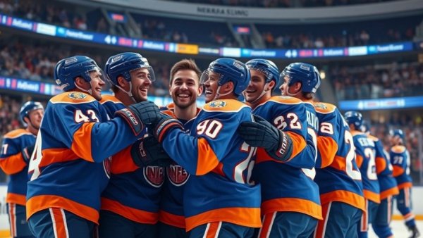 Islanders players celebrating victory against Golden Knights, joyful scene.