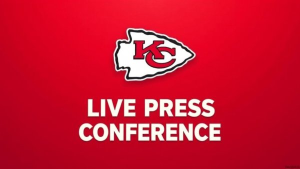 Kansas City Chiefs logo and press conference sign on red background.