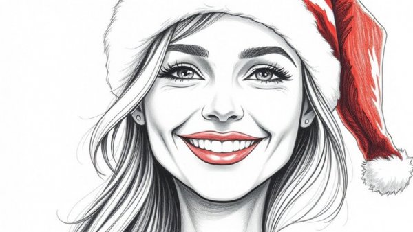 Realistic sketch of a woman in a Santa hat, perfect for Kansas City gift ideas.