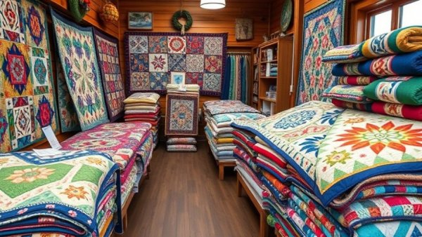 Colorful quilts on display in Kansas City shop.