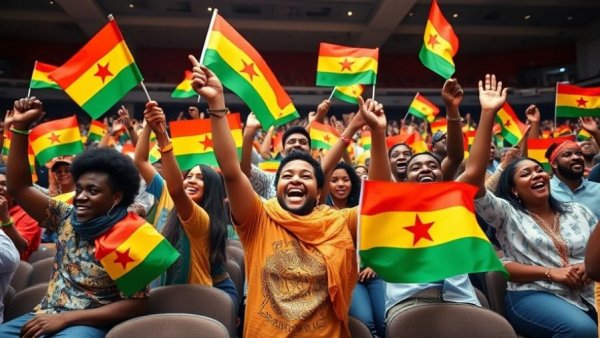 Joyful gathering waving Somali flags indoors, Minnesota Somali welfare dependency