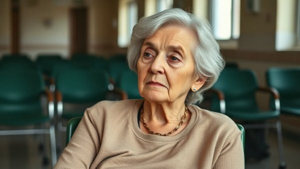 Elderly woman in uniform sitting indoors, Kansas City local businesses.