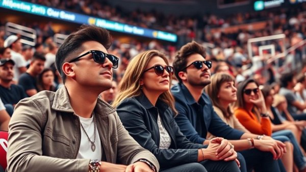 Courtside at Lakers game, stylish attendees in dark outfits.