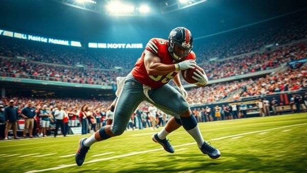 Grown man tackle on football field, intense action scene.