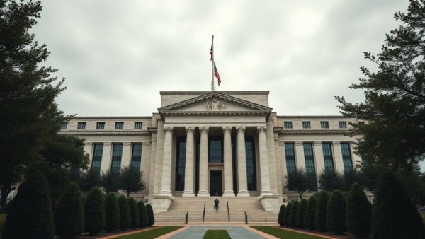 Classical Federal Reserve building in somber overcast setting, reflecting authority.