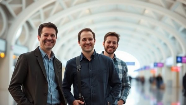 Three men smiling at an airport with elegant arches.