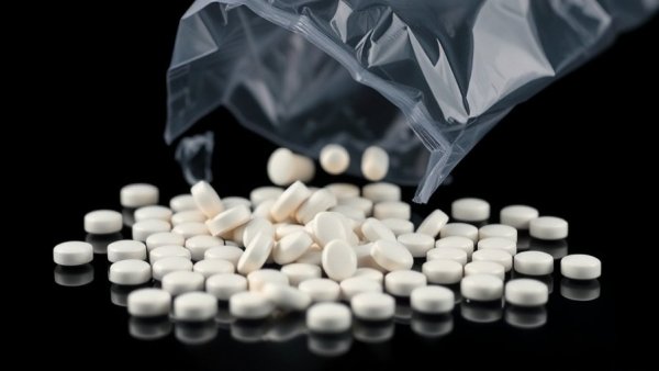 White pills spilling from a bag, illustrating nitazenes in Kansas City.