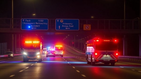 Emergency response with flashing lights on highway overpass at night.