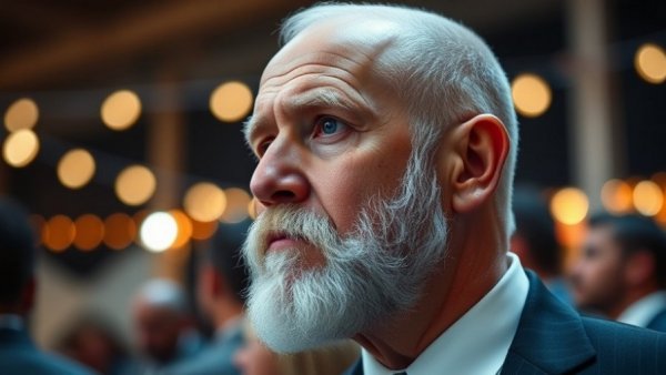 Close-up of an older man at an event, focused expression.