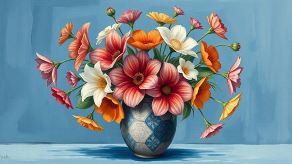 Vibrant abstract painting of flowers in a vase, Kansas City local businesses inspiration.