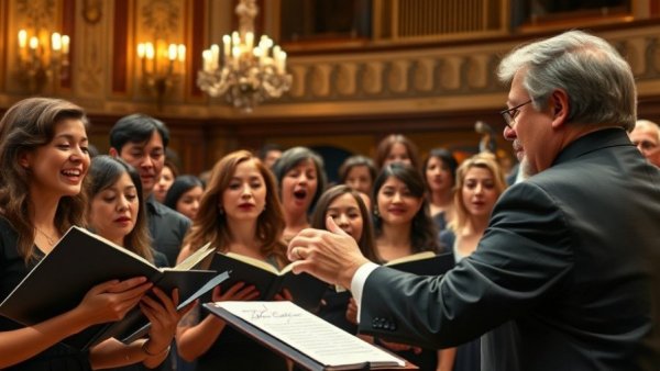Kansas City Chorale performance with conductor in focus, vibrant ambiance.