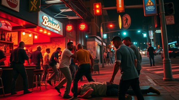 San Francisco bar brawl scene capturing chaos and aftermath in a vibrant urban setting.