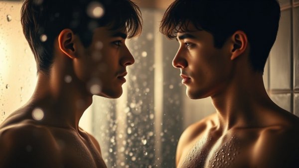 Two young men in a steamy shower, intense and intimate scene.