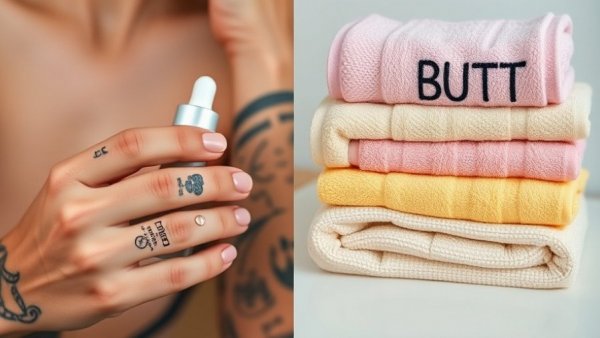 Tattooed person with serum and colorful towels for butt care.