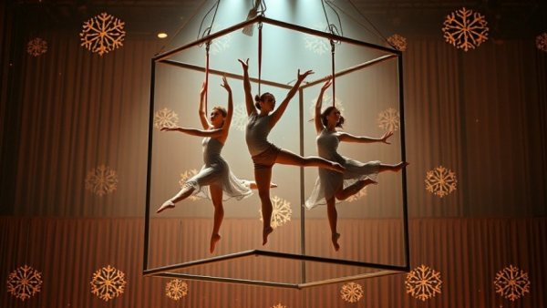 Aerial acrobats performing in Kansas City, illuminated festive backdrop.