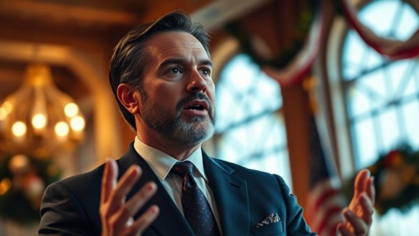 Prominent man making an announcement today with flags in the background.