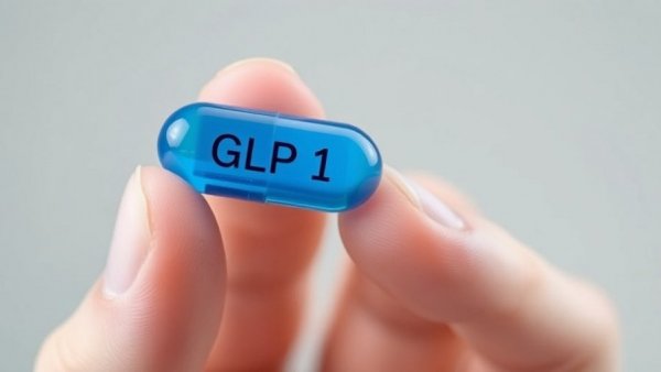 Close-up of 'GLP 1' weight loss pill held by fingers.