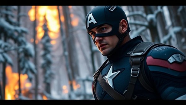 Chris Evans as Captain America in snowy forest during Avengers Doomsday.
