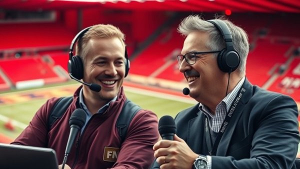 Kansas City Chiefs commentary team smiling with headphones in front of stadium background.