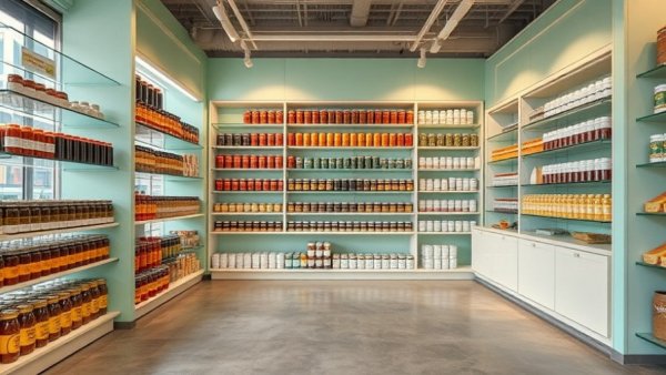Modern grocery store with shelves of sauces and canned goods in Kansas City.