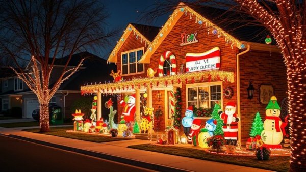 Brightly decorated house with holiday lights in a Kansas City neighborhood.