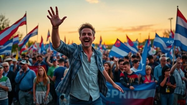 Man energetically gesturing at outdoor event, vibrant crowd and flags.