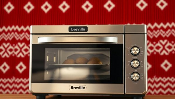 Breville Smart Oven with digital display and festive knit background.