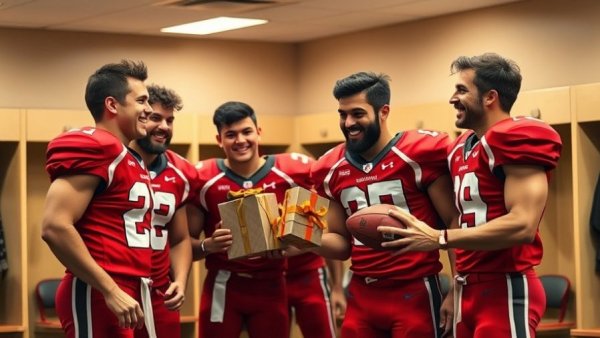 Kansas City Chiefs offensive line receiving gifts in locker room.