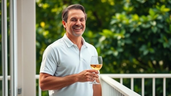 Man enjoying wine on a balcony surrounded by greenery.
