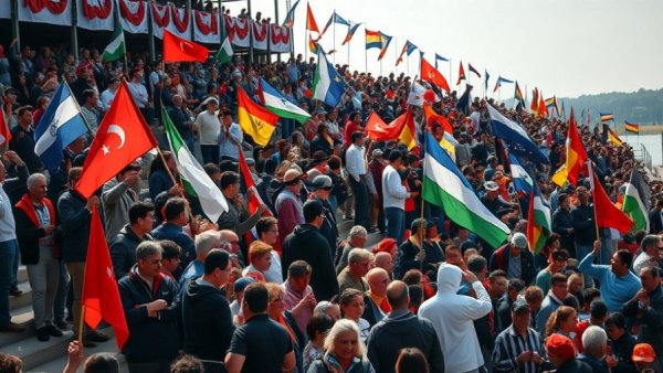 Crowd with flags at outdoor event.