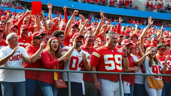 Kansas City Chiefs fans cheering at a stadium with a player nearby.