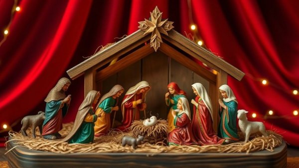 Nativity scene with figurines in a wooden manger, red backdrop.