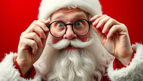 Surprised Santa Claus adjusting glasses, decolonize Father Christmas concept.
