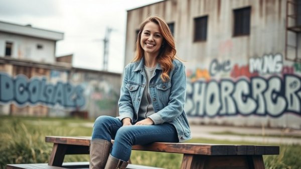 Woman enjoying Kansas City events outside graffiti-covered building.