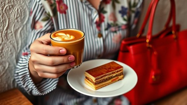 Cozy café with caramel top latte and dessert, vibrant atmosphere.