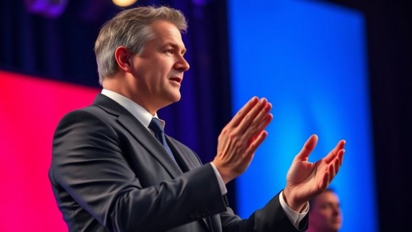Man in suit clapping at event, JD Vance 2028 straw poll discussion.