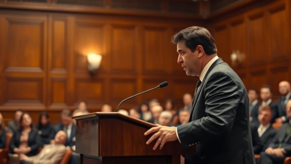 Speaker at podium in formal setting with attentive audience.