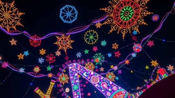 Aerial view of Knights of Lights Festival with vibrant light display.