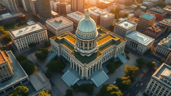 Aerial view of Kansas City neighborhoods with a historic building.