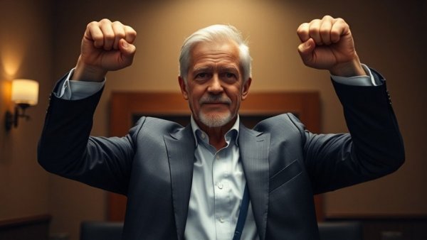 U.S. economy grows 4.3% as confident older man raises fists triumphantly.