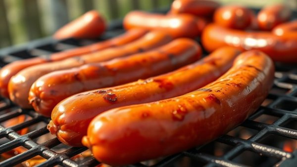 Sausage Recall: Glossy kielbasa sausages grilling on BBQ.
