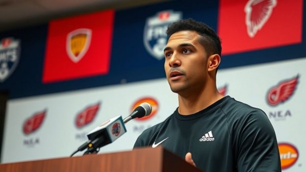 Kansas City Chiefs player at live press conference, branded backdrop.