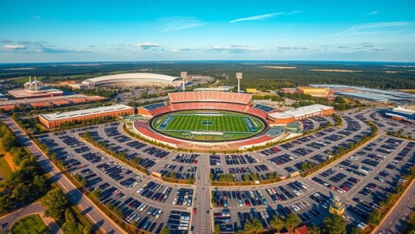 Aerial view of Kansas City stadium and parking lots, vibrant sky.